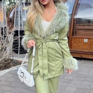 Show Me Your MuMu Green Teddy Jacket with Faux Fur Trim